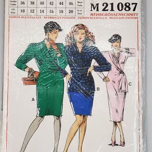 Vintage 80s Neue Mode Pattern m21087 Faux Wrap Sheath Dress Sz 10 - 20 Uncut